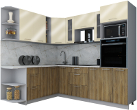 Кухонный гарнитур Интерлиния Мила Gloss 1.88x2.4 левая (ваниль глянец/дуб вотан/травертин серый) - 