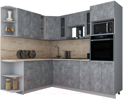 Кухонный гарнитур Интерлиния Мила Gloss 1.88x2.4 левая (керамика/керамика/травертин серый)
