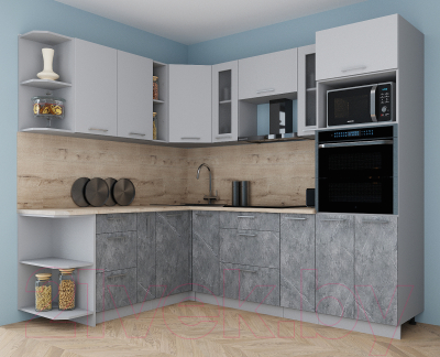 Кухонный гарнитур Интерлиния Мила Gloss 1.88x2.4 левая (пепел софт/керамика/травертин серый)