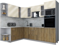 Кухонный гарнитур Интерлиния Мила Gloss 1.88x2.6 левая (ваниль глянец/дуб вотан/травертин серый) - 