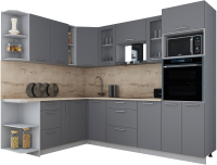 Кухонный гарнитур Интерлиния Мила Gloss 1.88x2.6 левая (серый софт/серый софт/травертин серый) - 