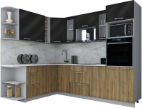 Кухонный гарнитур Интерлиния Мила Gloss 1.88x2.6 левая (черный глянец/дуб вотан/травертин серый) - 