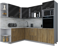 Кухонный гарнитур Интерлиния Мила Gloss 1.88x2.4 левая (черный глянец/дуб вотан/травертин серый) - 