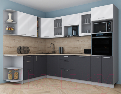Кухонный гарнитур Интерлиния Мила Gloss 1.88x2.8 левая (белый глянец/графит софт/травертин серый)