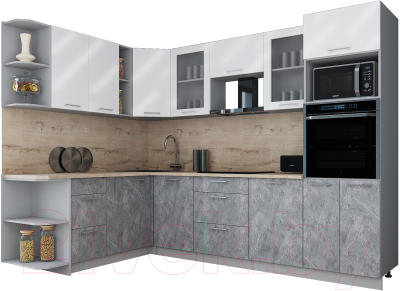 Кухонный гарнитур Интерлиния Мила Gloss 1.88x2.8 левая (белый глянец/керамика/травертин серый)