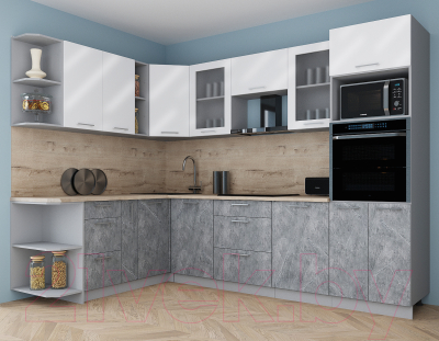 Готовая кухня Интерлиния Мила Gloss 1.88x2.8 левая (белый глянец/керамика/травертин серый)