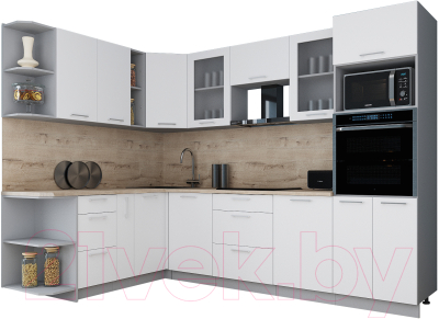 Кухонный гарнитур Интерлиния Мила Gloss 1.88x2.8 левая (белый софт/белый софт/травертин серый)