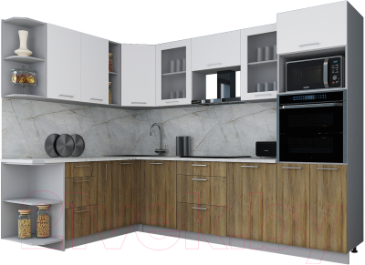 Кухонный гарнитур Интерлиния Мила Gloss 1.88x2.8 левая (белый софт/дуб вотан/травертин серый)