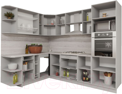 Кухонный гарнитур Интерлиния Мила Gloss 1.88x2.8 левая (белый софт/керамика/травертин серый)
