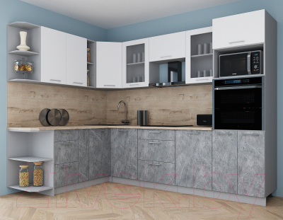 Кухонный гарнитур Интерлиния Мила Gloss 1.88x2.8 левая (белый софт/керамика/травертин серый)