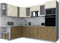 Кухонный гарнитур Интерлиния Мила Gloss 1.88x2.8 левая (ваниль глянец/дуб вотан/травертин серый) - 