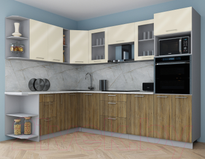 Кухонный гарнитур Интерлиния Мила Gloss 1.88x2.8 левая (ваниль глянец/дуб вотан/травертин серый)