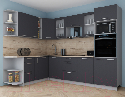 Кухонный гарнитур Интерлиния Мила Gloss 1.88x2.8 левая (графит софт/графит софт/травертин серый)