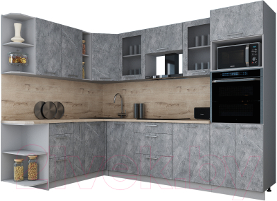 Готовая кухня Интерлиния Мила Gloss 1.88x2.8 левая (керамика/керамика/травертин серый)
