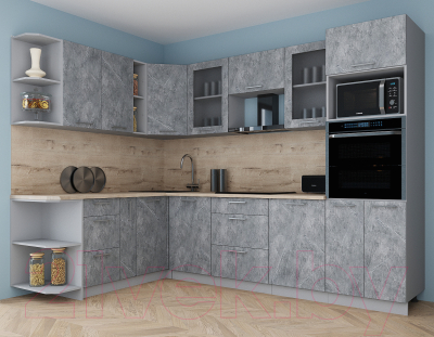 Готовая кухня Интерлиния Мила Gloss 1.88x2.8 левая (керамика/керамика/травертин серый)