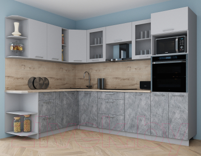 Кухонный гарнитур Интерлиния Мила Gloss 1.88x2.8 левая (пепел софт/керамика/травертин серый)