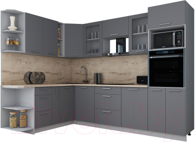 Кухонный гарнитур Интерлиния Мила Gloss 1.88x2.8 левая (серый софт/серый софт/травертин серый)