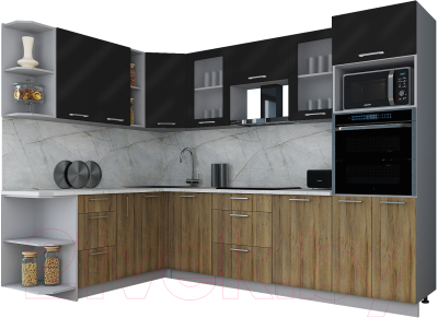 Кухонный гарнитур Интерлиния Мила Gloss 1.88x2.8 левая (черный глянец/дуб вотан/травертин серый)