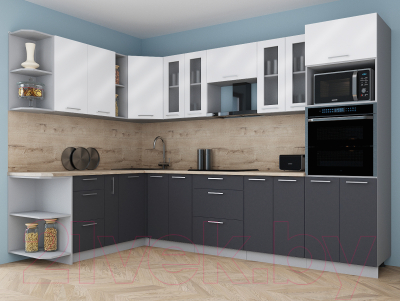 Кухонный гарнитур Интерлиния Мила Gloss 1.88x3.0 левая (белый глянец/графит софт/травертин серый)