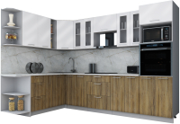 Кухонный гарнитур Интерлиния Мила Gloss 1.88x3.0 левая (белый глянец/дуб вотан/травертин серый) - 