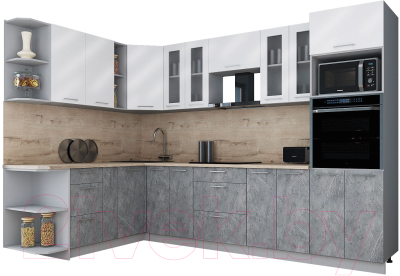 Кухонный гарнитур Интерлиния Мила Gloss 1.88x3.0 левая (белый глянец/керамика/травертин серый)