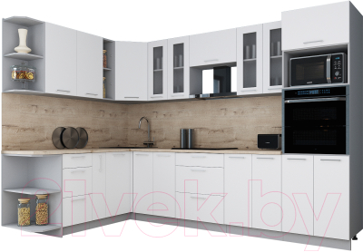 Кухонный гарнитур Интерлиния Мила Gloss 1.88x3.0 левая (белый софт/белый софт/травертин серый)