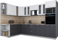Кухонный гарнитур Интерлиния Мила Gloss 1.88x3.0 левая (белый софт/графит софт/травертин серый) - 