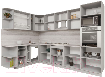 Кухонный гарнитур Интерлиния Мила Gloss 1.88x3.0 левая (белый софт/графит софт/травертин серый)