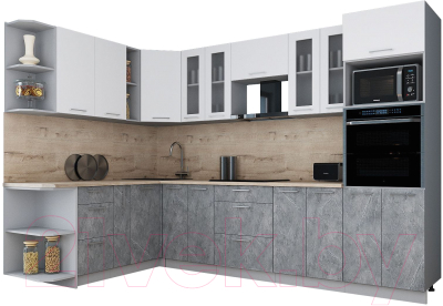 Кухонный гарнитур Интерлиния Мила Gloss 1.88x3.0 левая (белый софт/керамика/травертин серый)