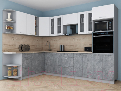Готовая кухня Интерлиния Мила Gloss 1.88x3.0 левая (белый софт/керамика/травертин серый)