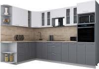 Кухонный гарнитур Интерлиния Мила Gloss 1.88x3.0 левая (белый софт/серый софт/травертин серый) - 