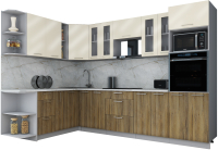 Кухонный гарнитур Интерлиния Мила Gloss 1.88x3.0 левая (ваниль глянец/дуб вотан/травертин серый) - 
