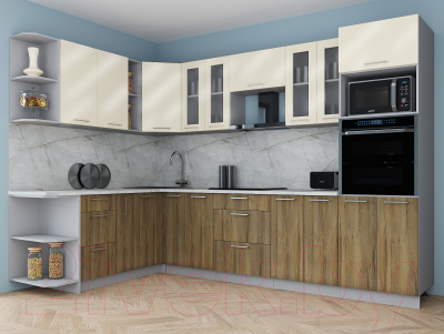 Кухонный гарнитур Интерлиния Мила Gloss 1.88x3.0 левая (ваниль глянец/дуб вотан/травертин серый)
