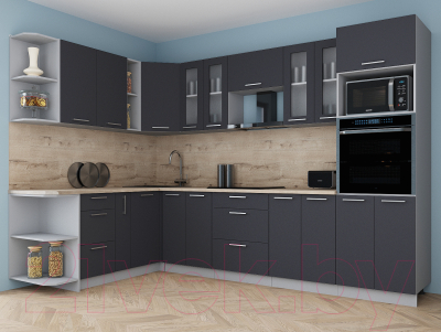 Кухонный гарнитур Интерлиния Мила Gloss 1.88x3.0 левая (графит софт/графит софт/травертин серый)