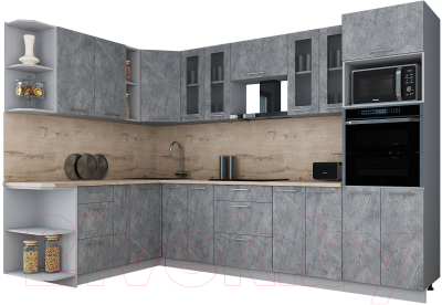 Кухонный гарнитур Интерлиния Мила Gloss 1.88x3.0 левая (керамика/керамика/травертин серый)