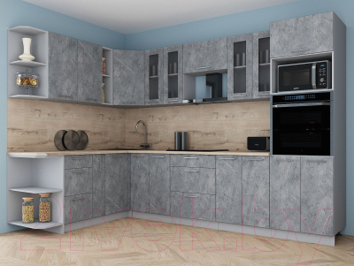 Кухонный гарнитур Интерлиния Мила Gloss 1.88x3.0 левая (керамика/керамика/травертин серый)