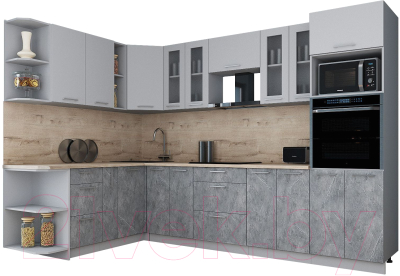 Кухонный гарнитур Интерлиния Мила Gloss 1.88x3.0 левая (пепел софт/керамика/травертин серый)