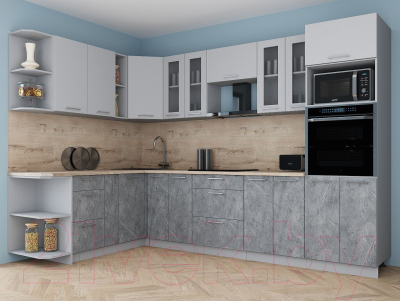 Готовая кухня Интерлиния Мила Gloss 1.88x3.0 левая (пепел софт/керамика/травертин серый)