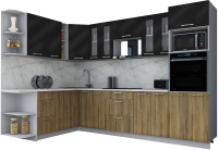 Кухонный гарнитур Интерлиния Мила Gloss 1.88x3.0 левая (черный глянец/дуб вотан/травертин серый) - 