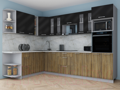 Готовая кухня Интерлиния Мила Gloss 1.88x3.0 левая (черный глянец/дуб вотан/травертин серый)