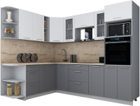 Кухонный гарнитур Интерлиния Мила Gloss 1.88x2.6 левая (белый софт/серый софт/травертин серый) - 