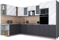 Кухонный гарнитур Интерлиния Мила Gloss 1.88x3.2 левая (белый глянец/графит софт/травертин серый) - 
