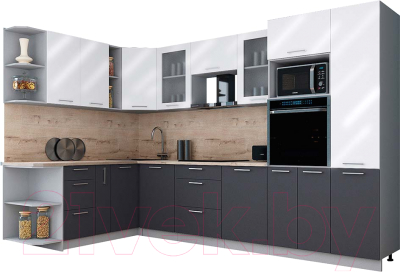 Кухонный гарнитур Интерлиния Мила Gloss 1.88x3.2 левая (белый глянец/графит софт/травертин серый)