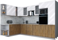 Кухонный гарнитур Интерлиния Мила Gloss 1.88x3.2 левая (белый глянец/дуб вотан/травертин серый) - 