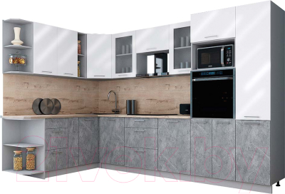 Кухонный гарнитур Интерлиния Мила Gloss 1.88x3.2 левая (белый глянец/керамика/травертин серый)