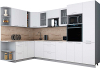 Кухонный гарнитур Интерлиния Мила Gloss 1.88x3.2 левая (белый софт/белый софт/травертин серый) - 