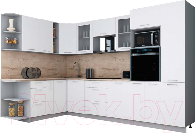 Кухонный гарнитур Интерлиния Мила Gloss 1.88x3.2 левая (белый софт/белый софт/травертин серый)