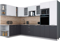 Кухонный гарнитур Интерлиния Мила Gloss 1.88x3.2 левая (белый софт/графит софт/травертин серый) - 