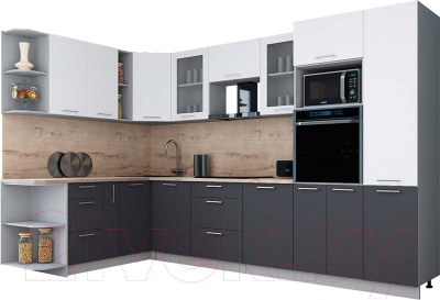 Кухонный гарнитур Интерлиния Мила Gloss 1.88x3.2 левая (белый софт/графит софт/травертин серый)
