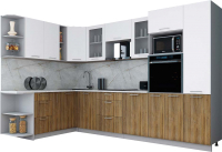 Кухонный гарнитур Интерлиния Мила Gloss 1.88x3.2 левая (белый софт/дуб вотан/травертин серый) - 